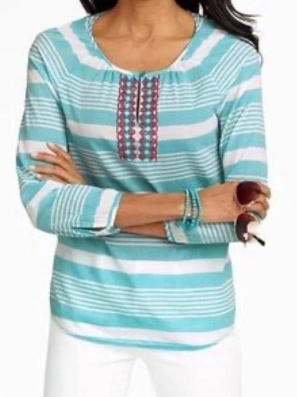TALBOTS Turquoise White Striped Beaded Tunic Shirt Sz MP